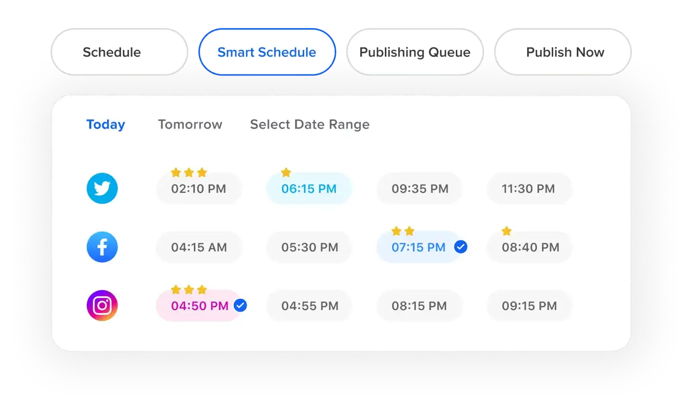 The Smart Scheduling feature displaying various time slots to publish posts.