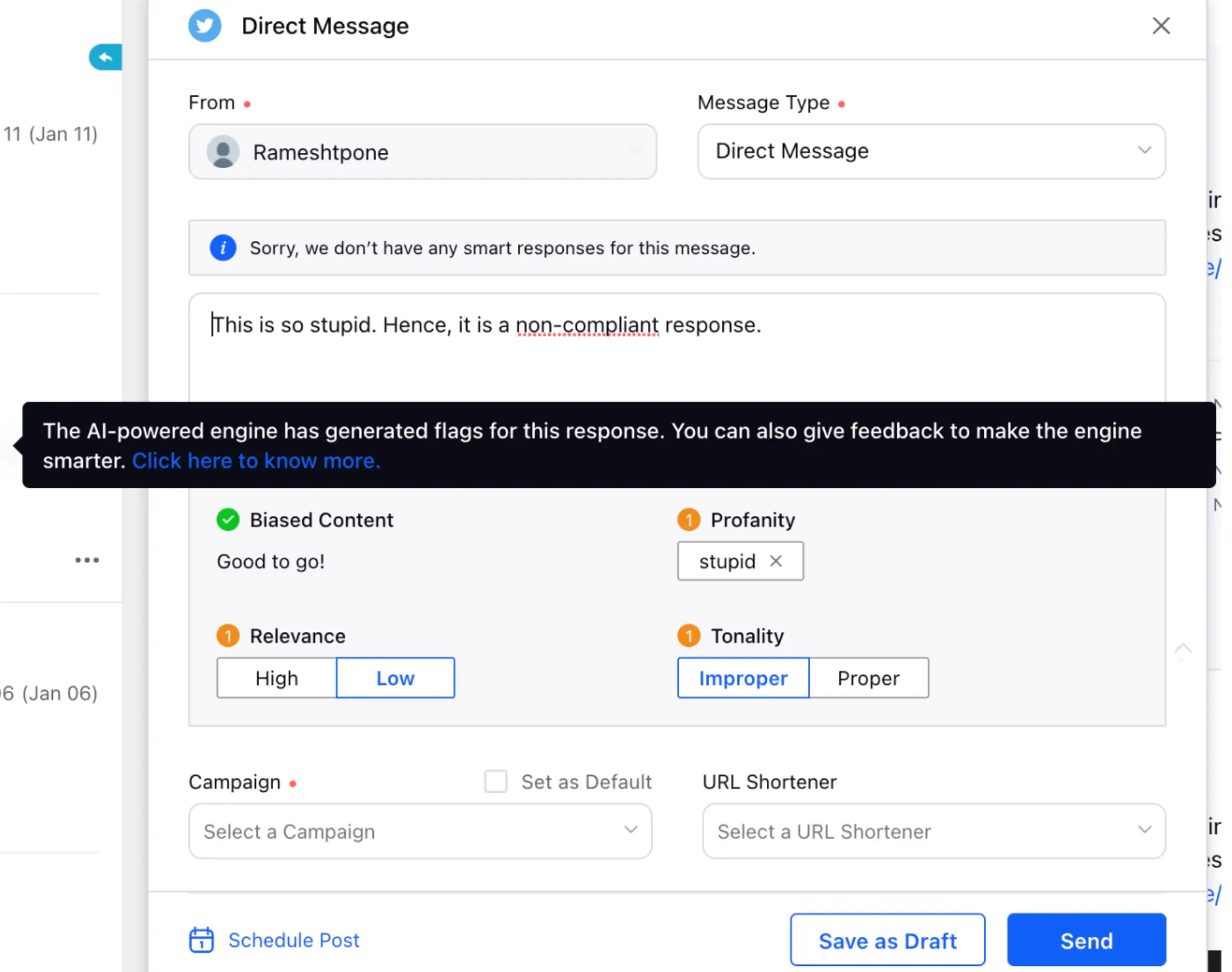Sprinklr's Smart Response Compliance for AI pre-screening
