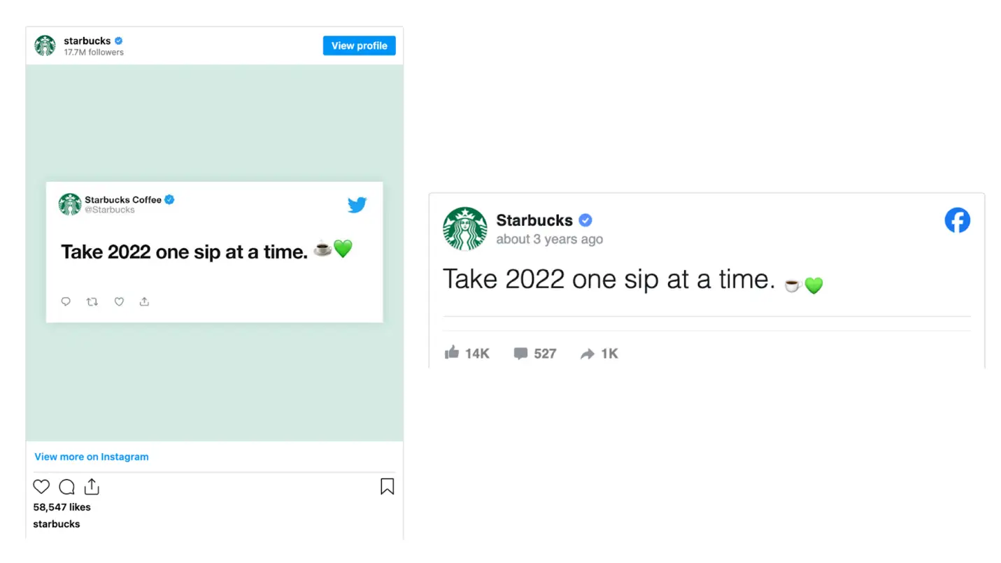 Two social media posts by Starbucks showing cross-posting the same content 