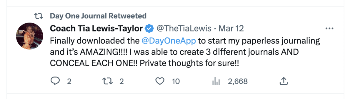 An X post by a customer who-s happy about the Day One journal app-s features