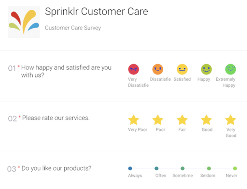 A sample CSAT survey by Sprinklr-s survey builder