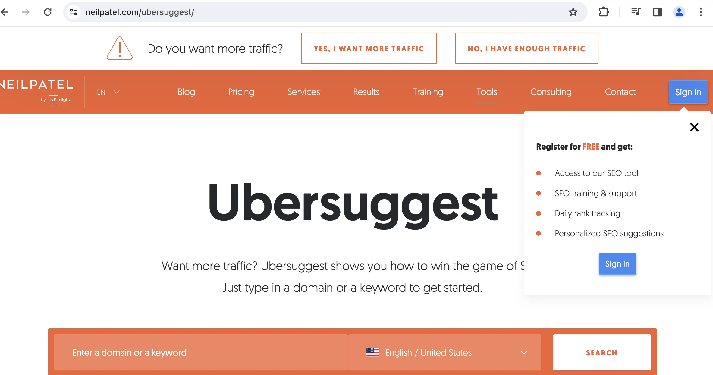 Ubersuggest's home page