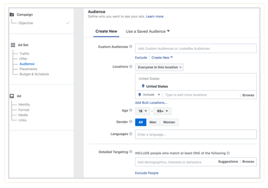  An image from Facebook Ads Manager showing the Audience Selection page. One of the fields is termed Detailed Targeting with the microcopy - Add demographics, interests or behaviors.