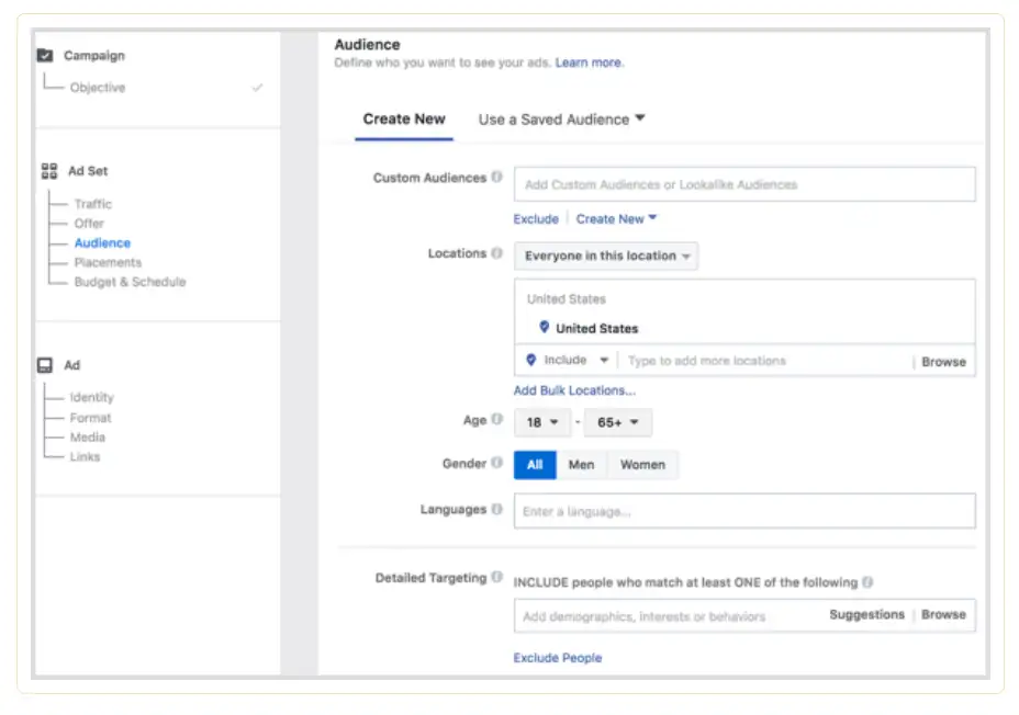  An image from Facebook Ads Manager showing the Audience Selection page. One of the fields is termed Detailed Targeting with the microcopy - Add demographics, interests or behaviors.