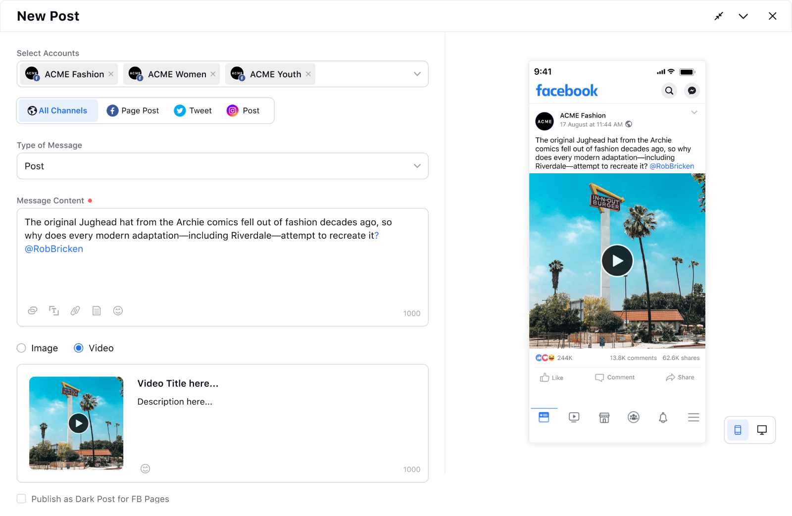 Adding a description to a social media post on Sprinklr