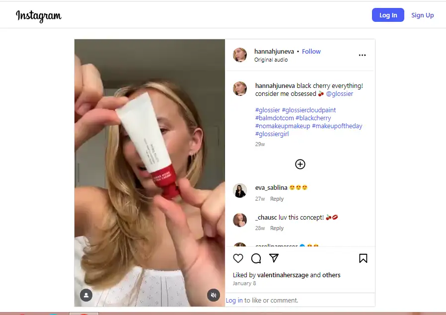 Video review of Glossier product posted on Instagram
