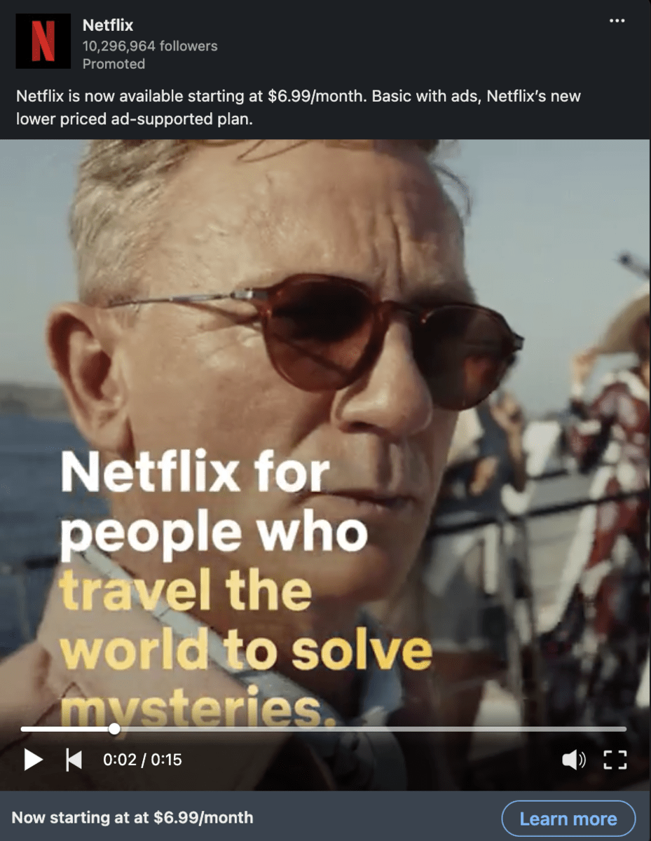 Netflix uses LinkedIn video ad with a relevant CTA and its offering to reach its target audience