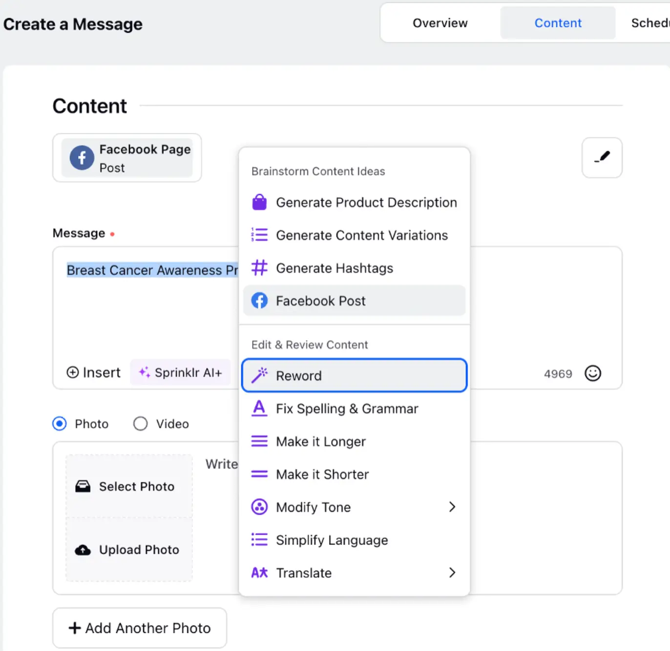 Sprinklr AI+ for content generation.