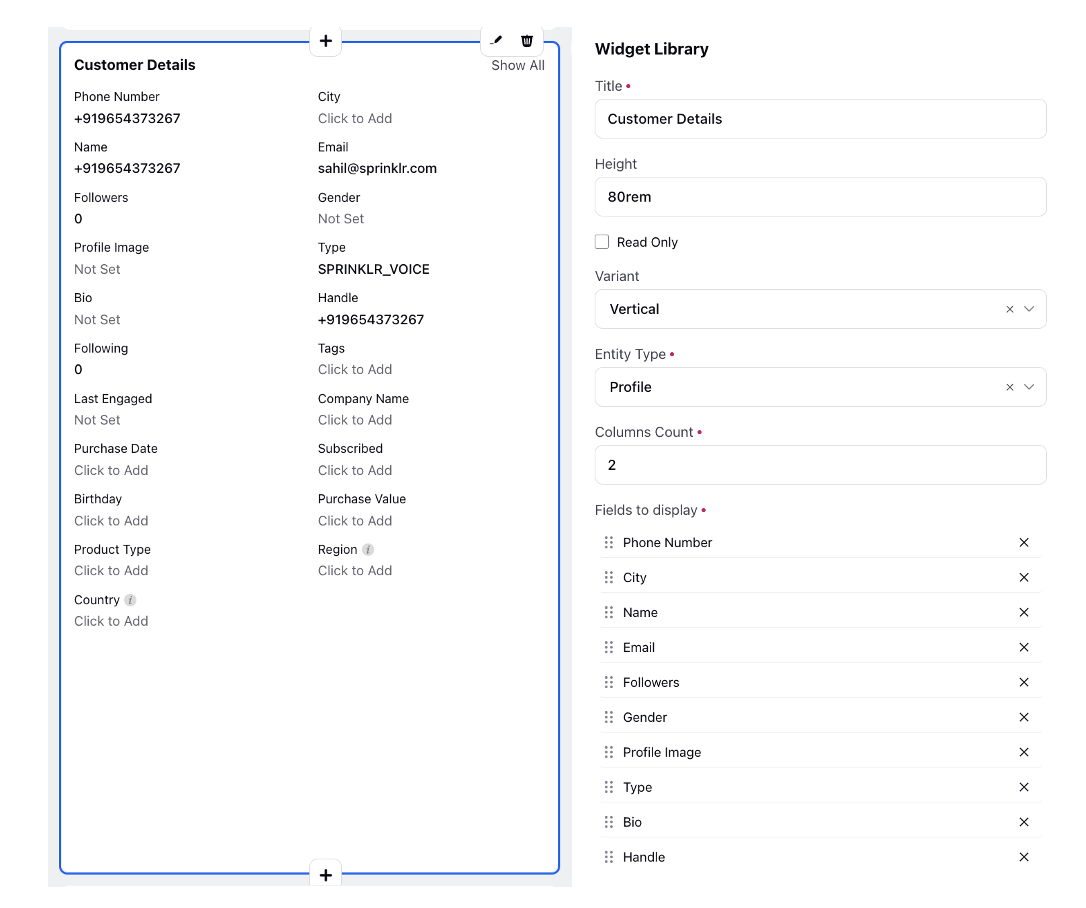  An image of a customized agent desktop widget with customer details on one side and widget details on the other