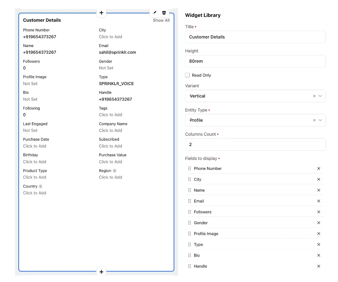  An image of a customized agent desktop widget with customer details on one side and widget details on the other