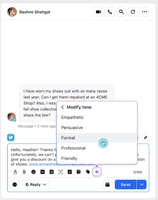 Sprinklr AI+ modifies tonality of messages