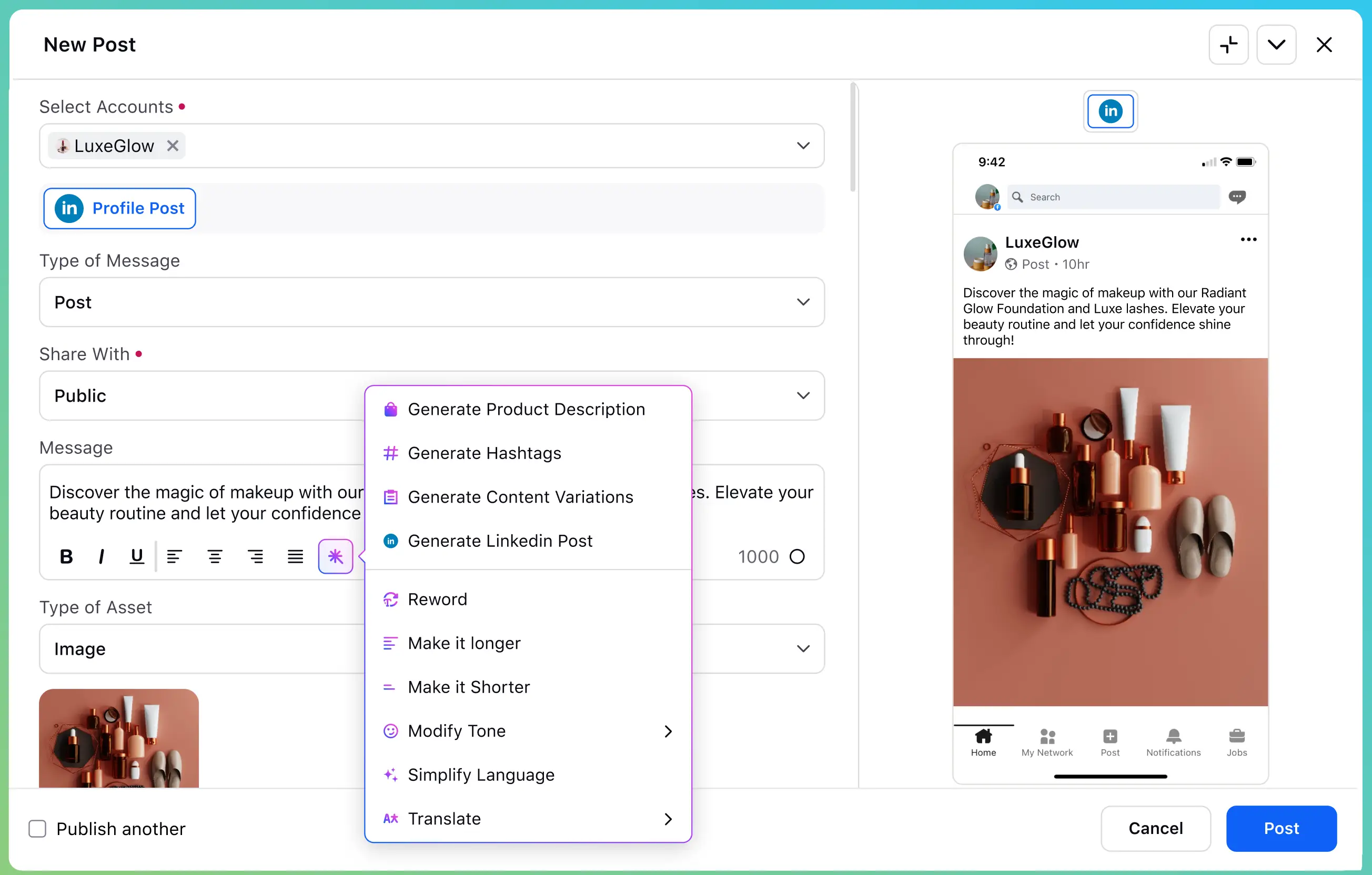 Sprinklr Social Dashboard for creating social media posts