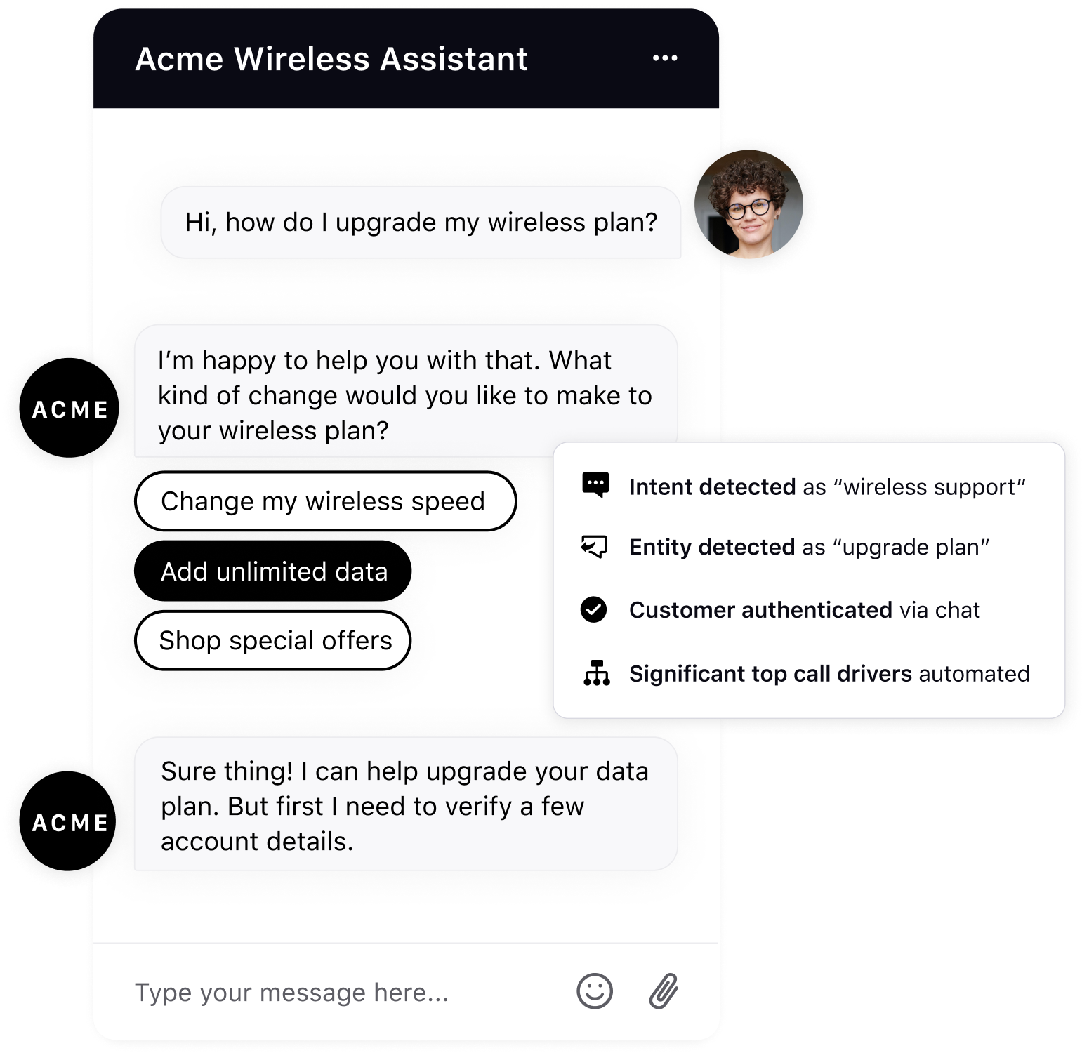 Chat screenshot between a customer and the conversational AI Acme Wireless Assistant to troubleshoot issues