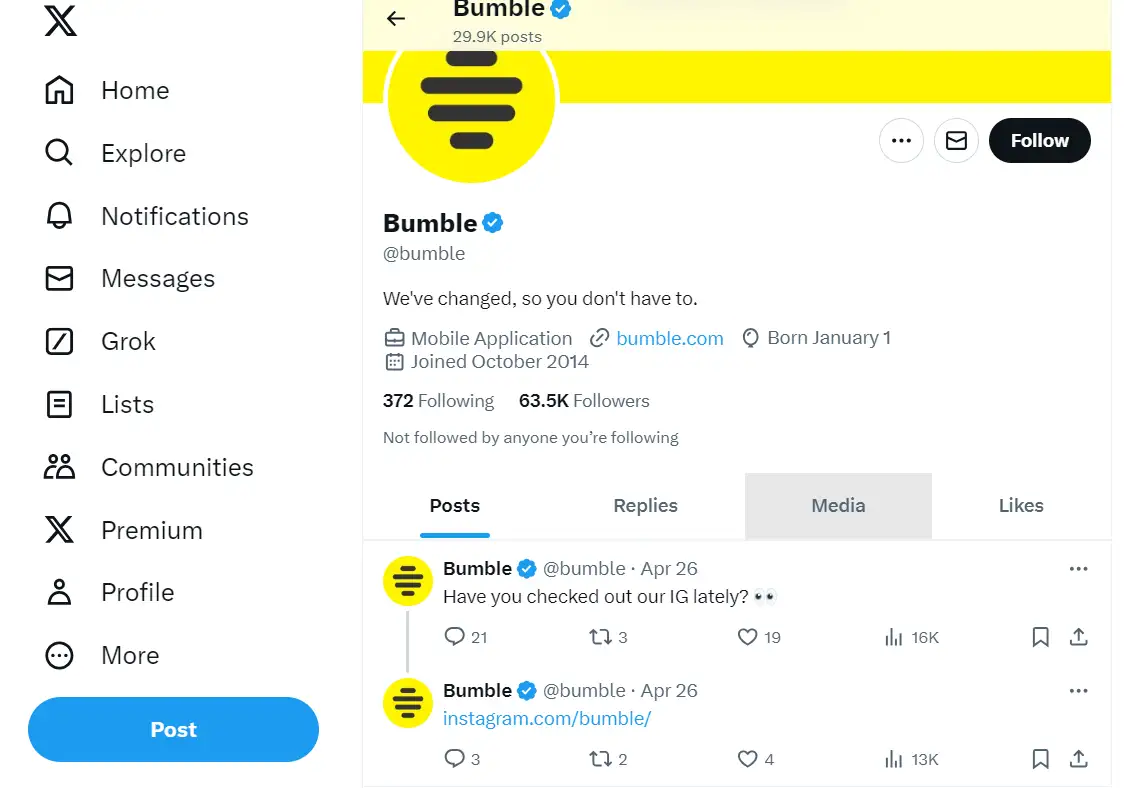 Bumble promoting its Instagram handle via an X post