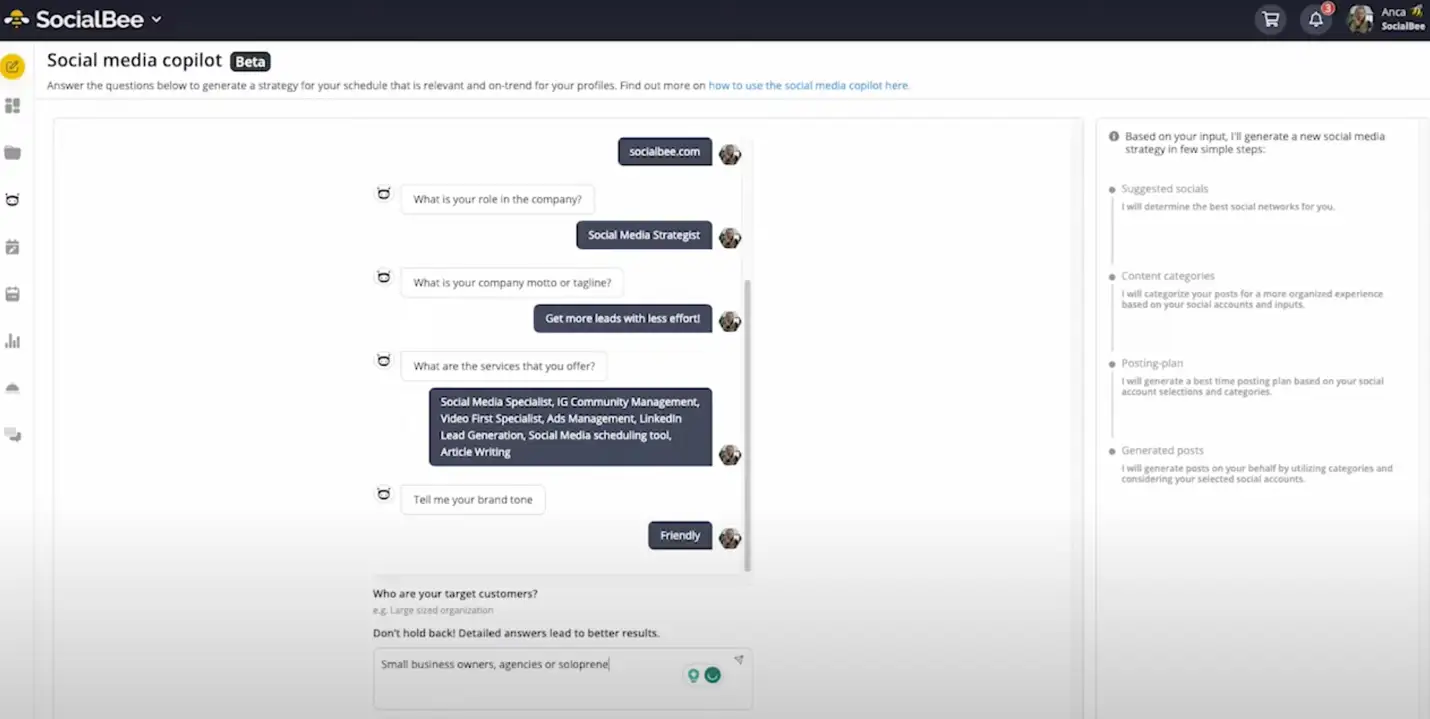 SocialBee's AI Copilot for content automation.