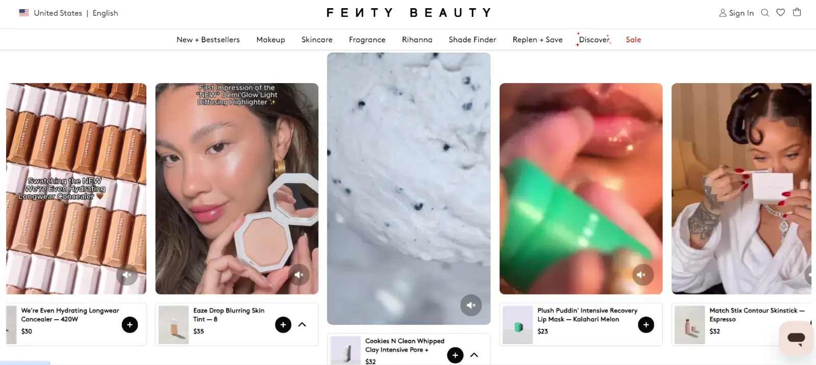 Fenty Beauty-s dedicated landing page for Instagram content