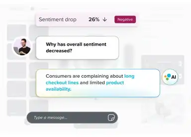 An AI assistant analyzing customer sentiment, indicating a 26% negative drop. 