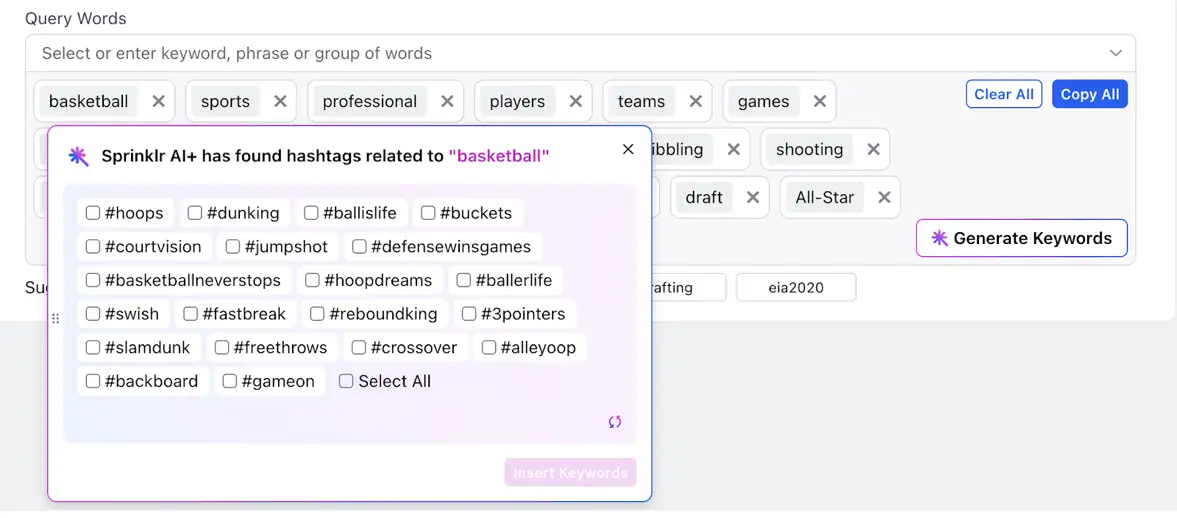 Sprinklr AI+ automatically suggests the most suitable hashtags for your campaigns.