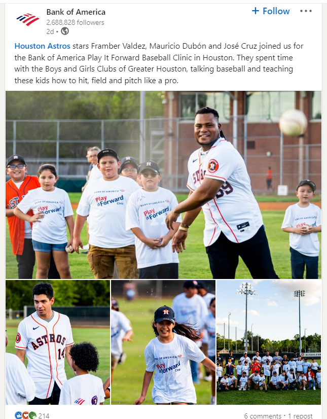 A Bank of America LinkedIn post that features eminent Houston Astros baseball stars teaching kids how to hit, field and pitch