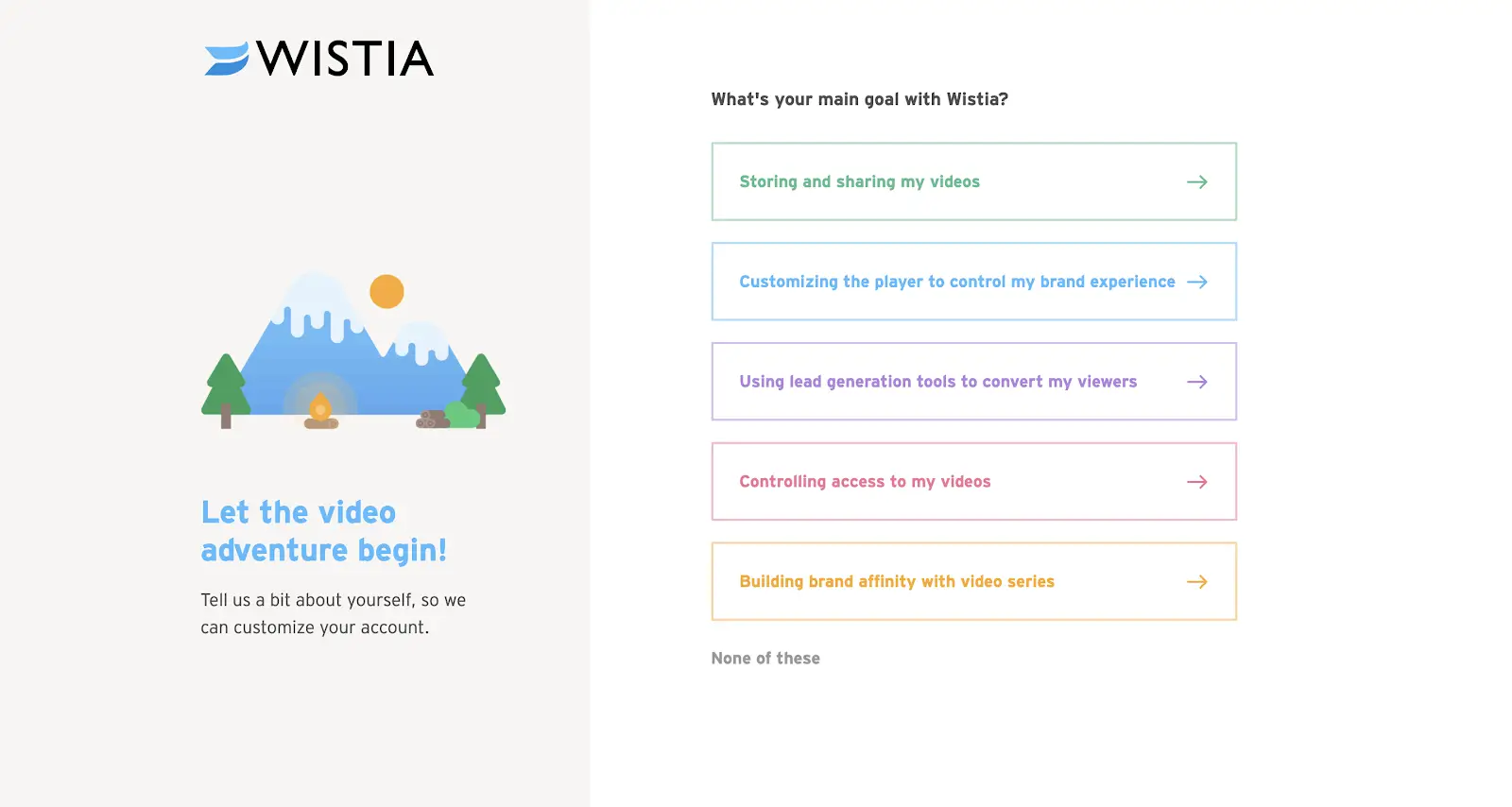 Wistia initial product setup feature