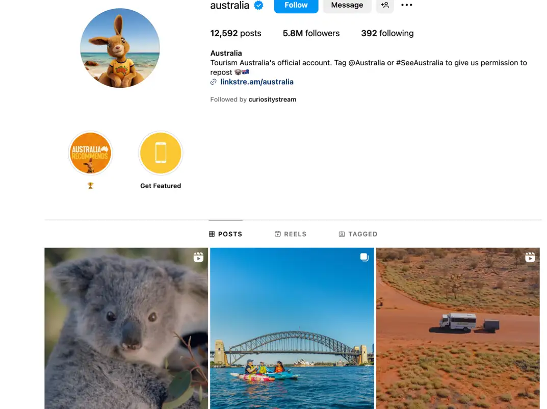 Instagram page of Tourism Australia 