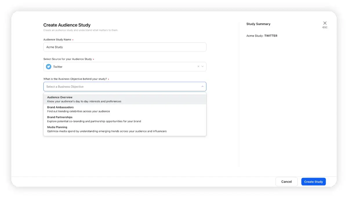 Sprinklr's Twitter Audience Study window.