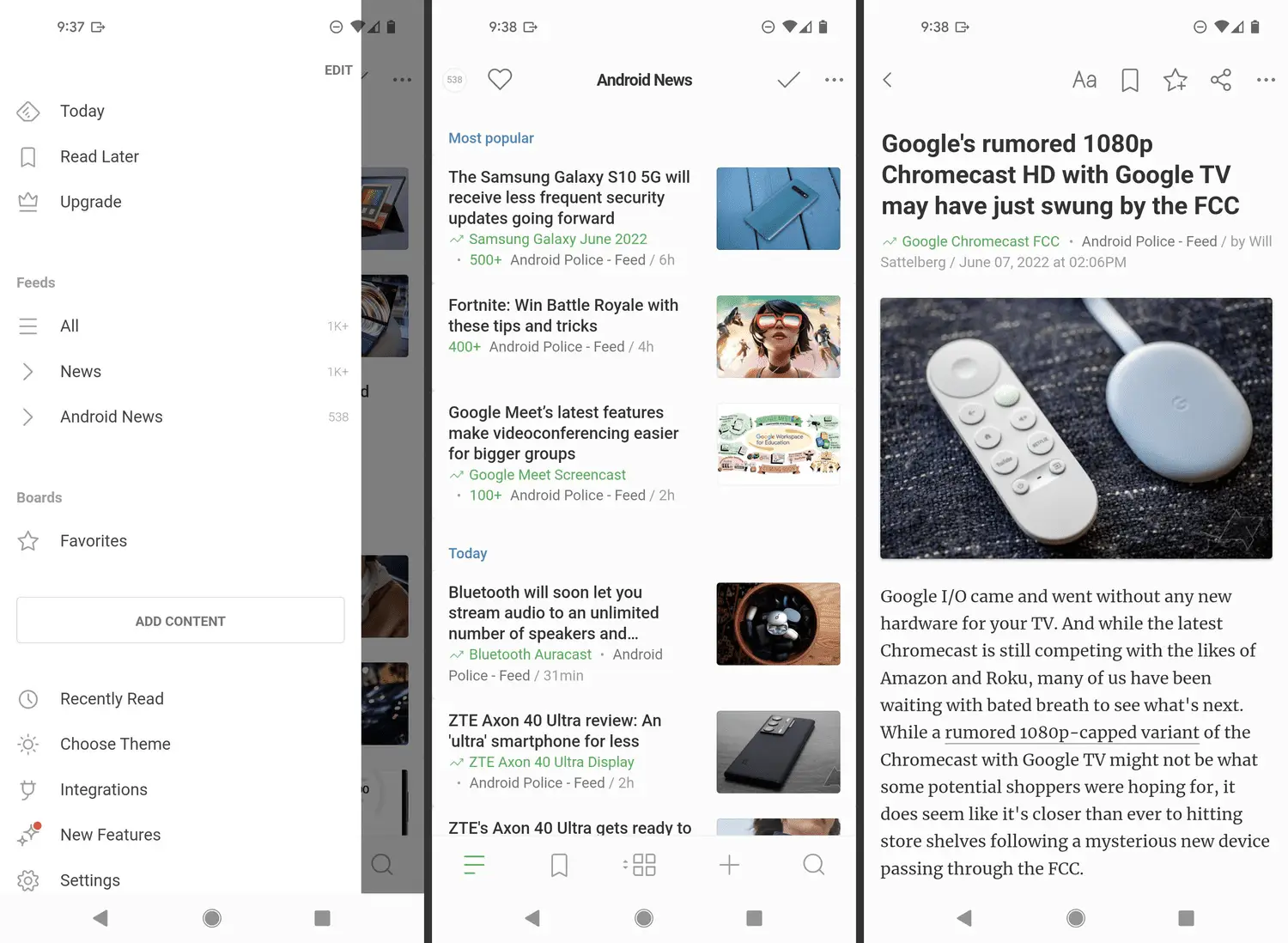 Feedly-s feed displaying popular news