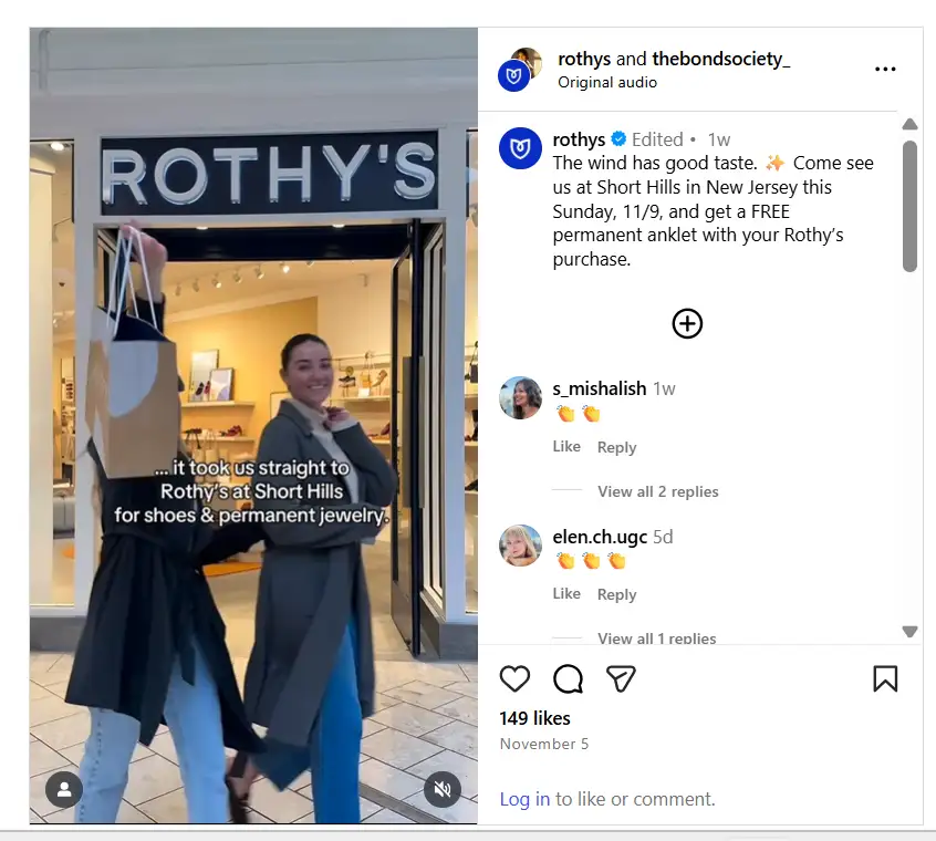 Instagram Reel showing a Rothy’s store event in Short Hills, New Jersey, with viewers captured entering the boutique, interacting with products and receiving free anklets.