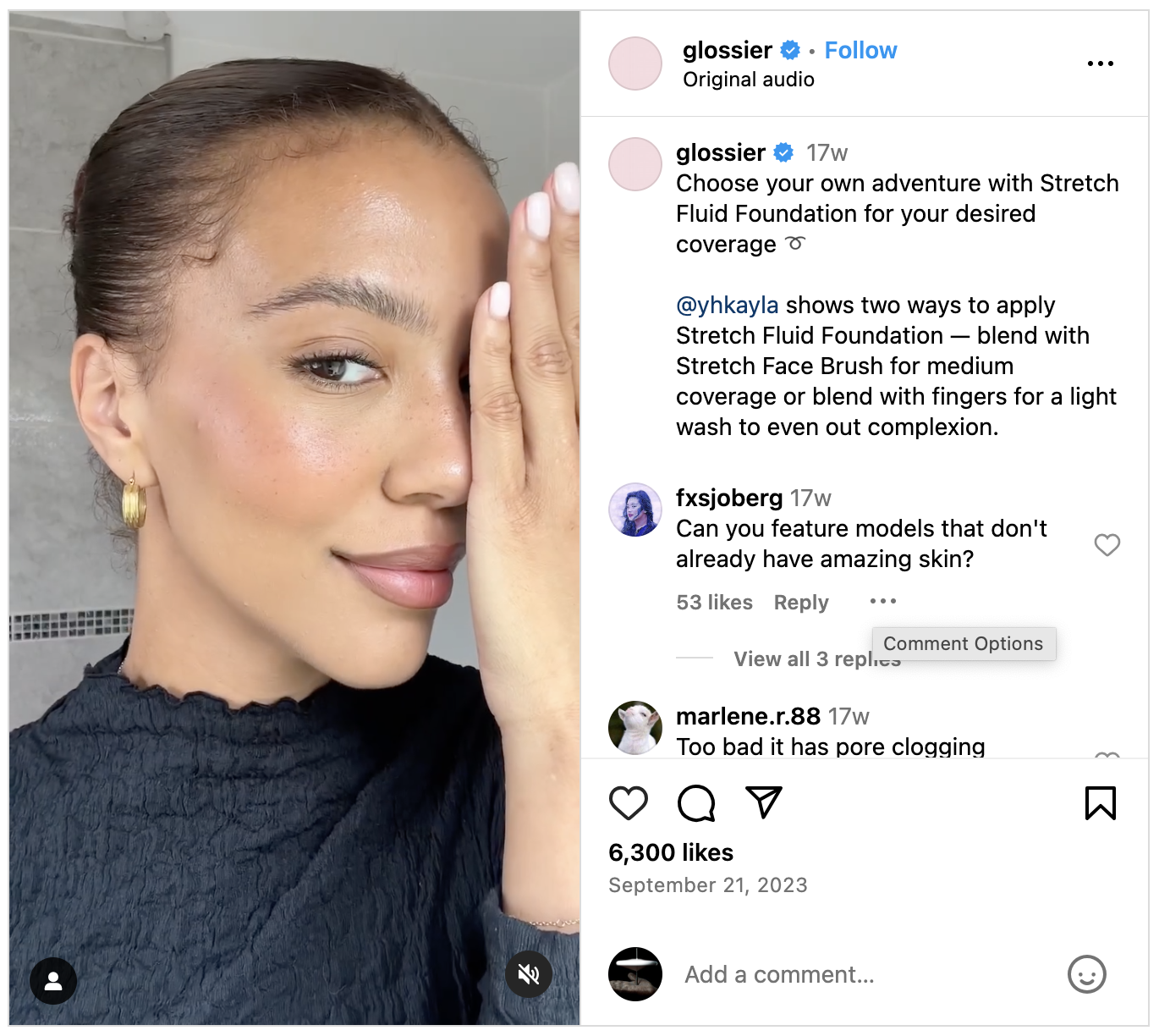 An influencer post published by Glossier on its Instagram handle