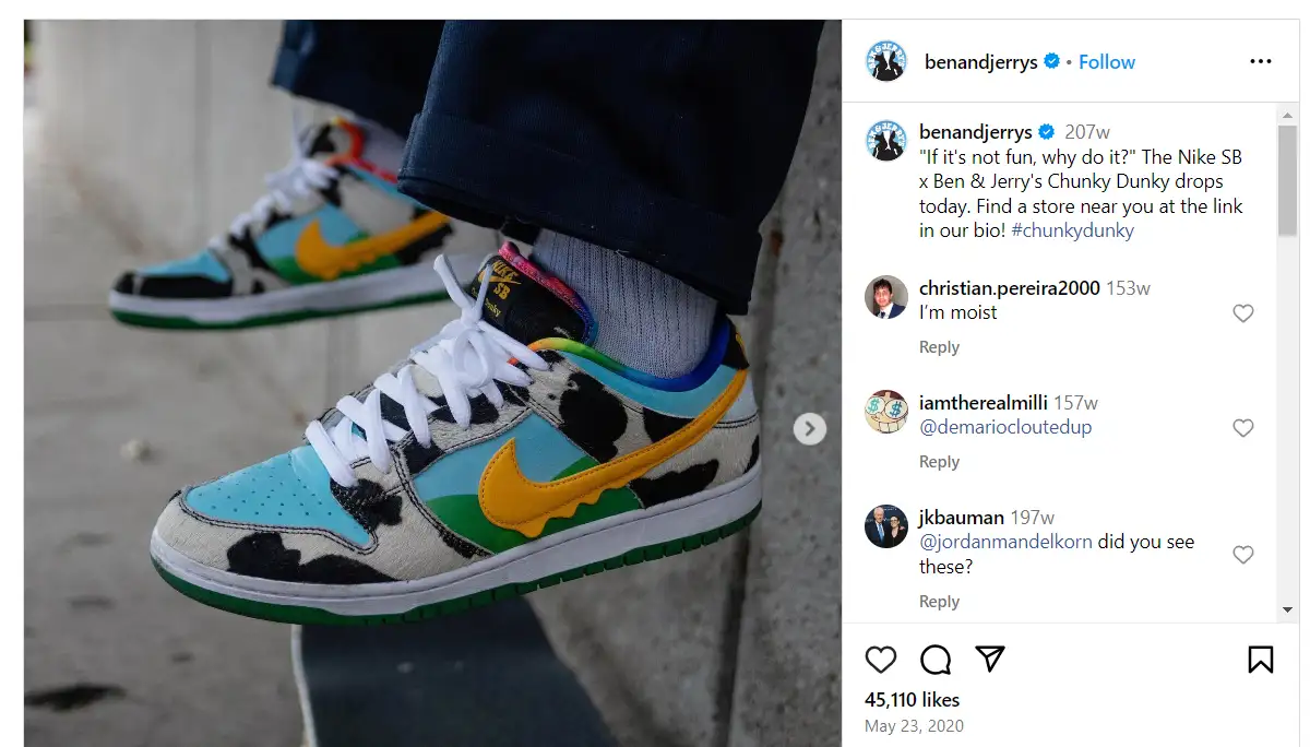 Ben & Jerry’s promoting its product collab with Nike on an Instagram post