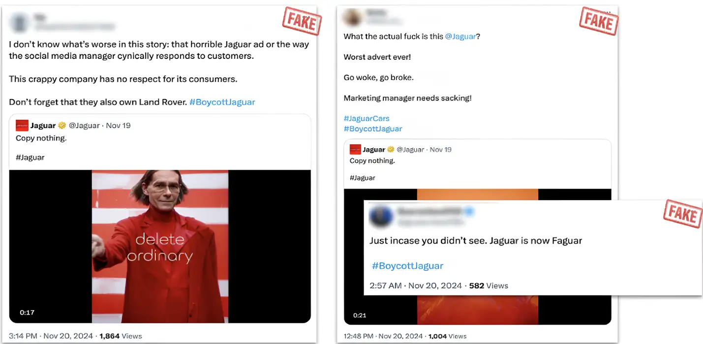 Fake profiles using #BoycottJaguar to attack the brand.