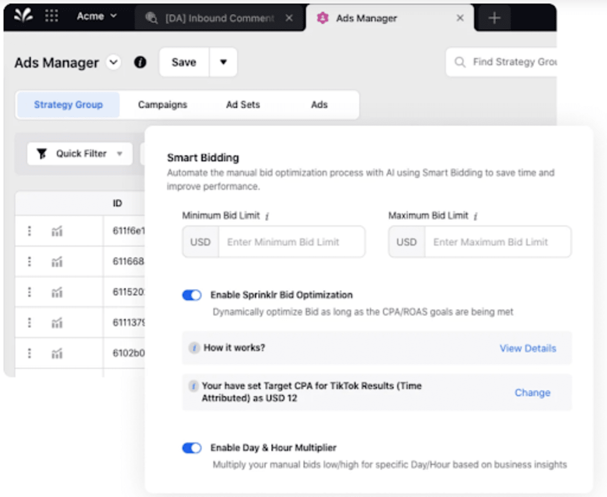 Product screenshot highlighting Sprinklr's smart bidding feature.