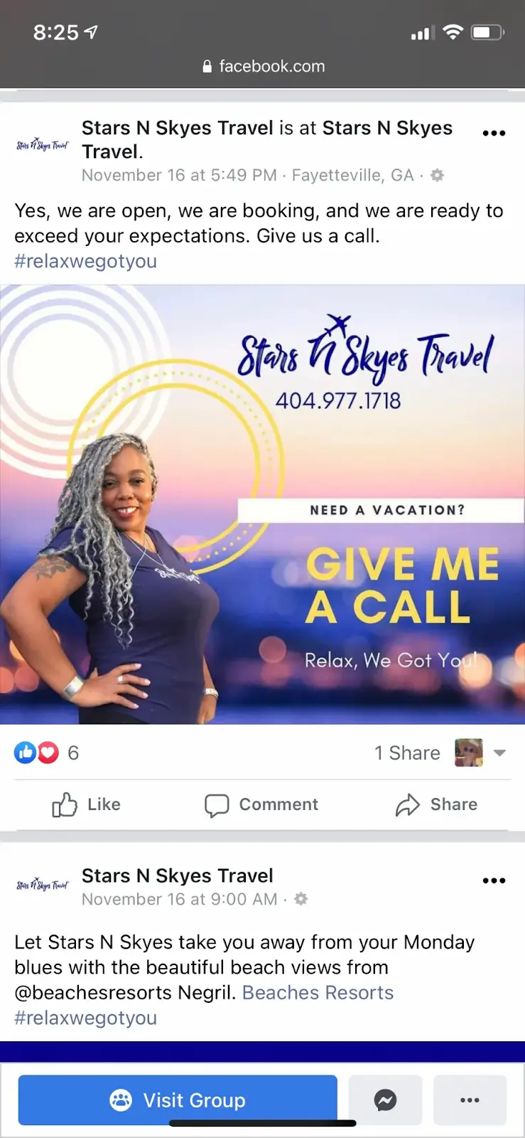 A social media post from Stars N Skyes Travel featuring travel updates and personalized content for its audience 