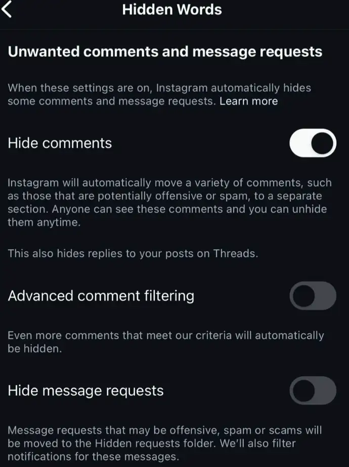 Instagram Hidden Words options to choose from