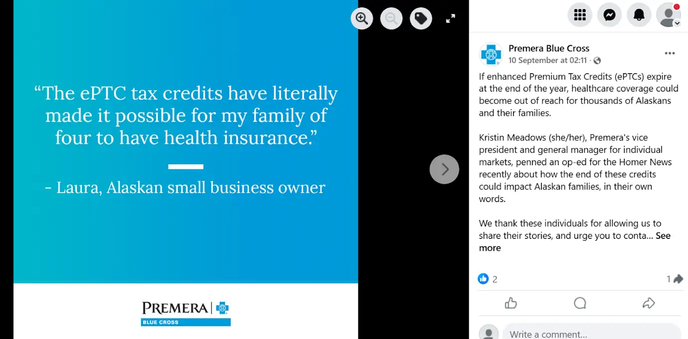 A Facebook post from Premera Blue Cross highlighting member feedback.