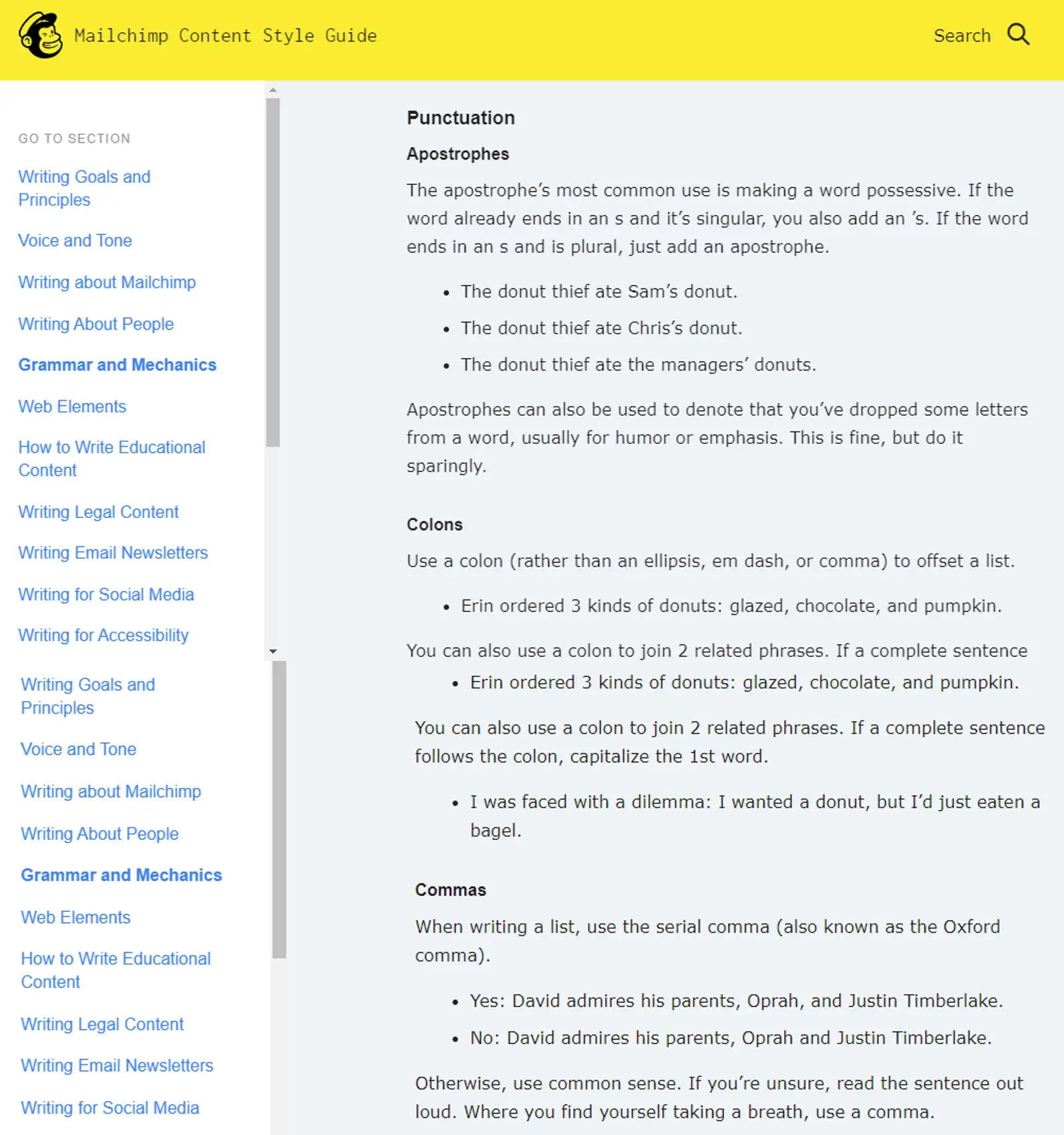 Mailchimp's content style guide contains a section on grammar
