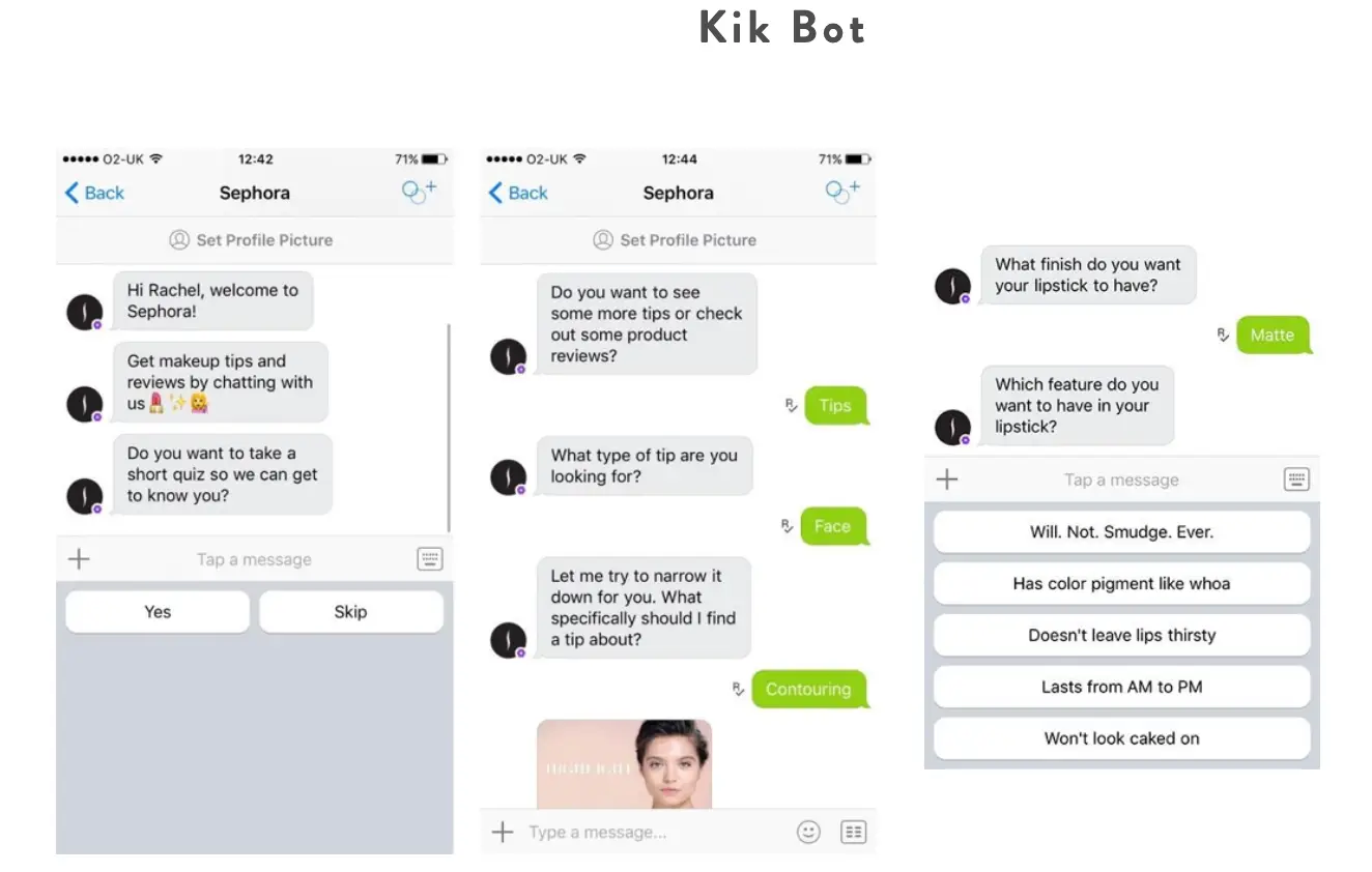 Sephora's own chatbot KikBot helps customers find cosmetics used in Sephora tutorials