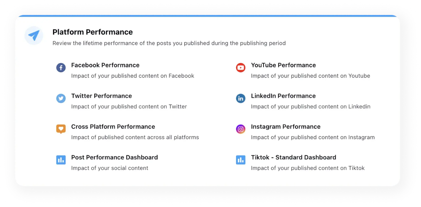 A Sprinklr dashboard where you can access social media platform performance details from.
