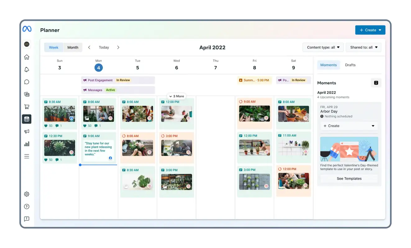 Meta Business Suite planner to schedule posts in advance for Facebook and Instagram.