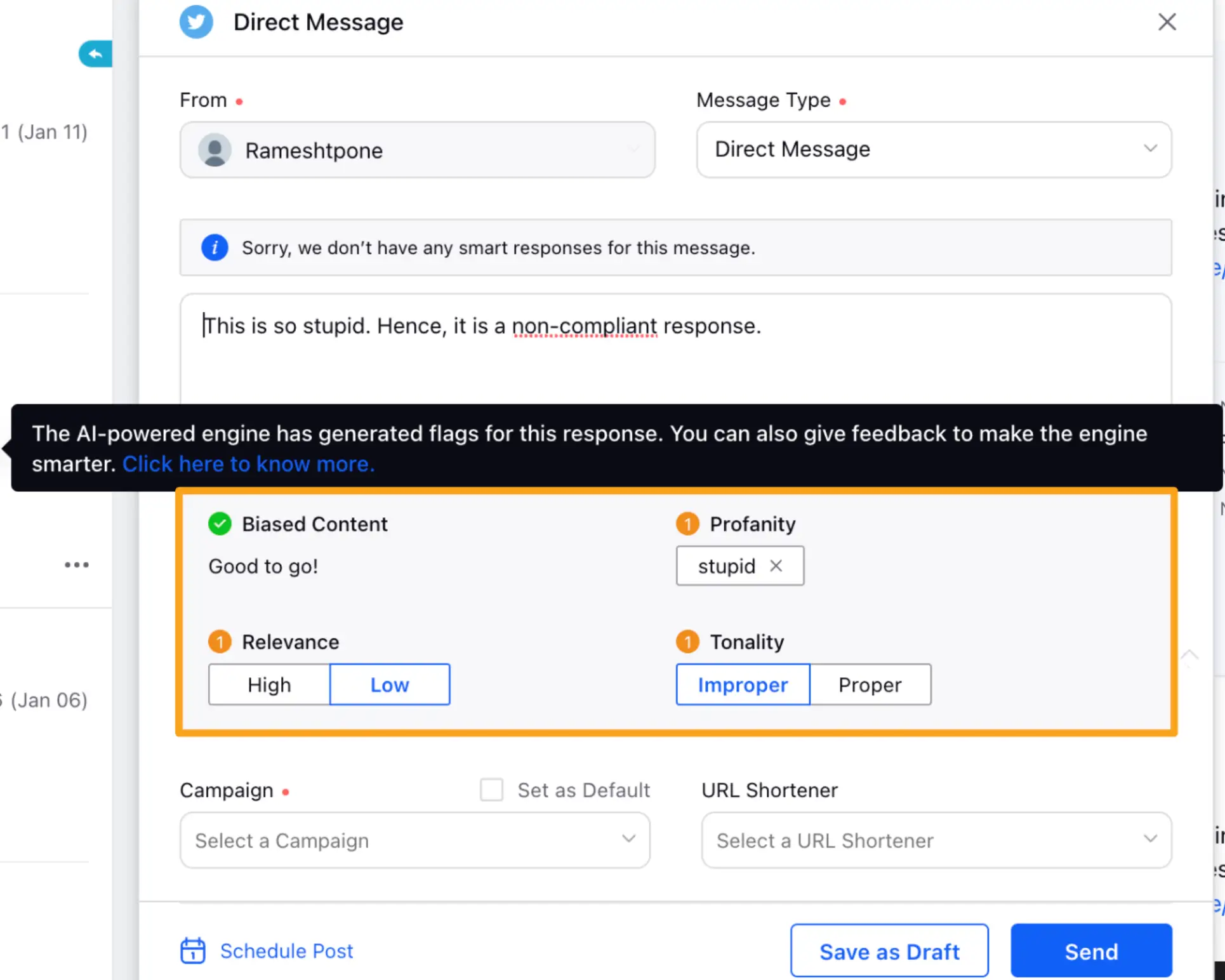 Sprinklr’s Smart Response Compliance feature.
