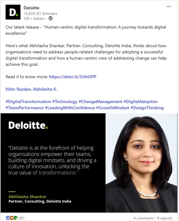 A LinkedIn post by Deloitte about their latest release on human-centric digital transformation