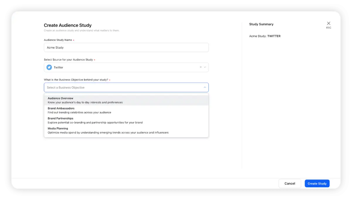 A screenshot of the Sprinklr platform's Create Audience Study capability. It contains fields for naming the audience study, targeting the desired social channel and for mapping a business objective to the study.