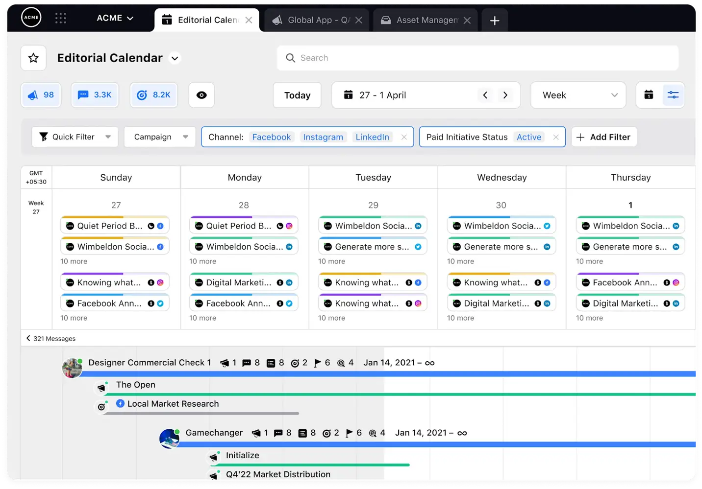 Sprinklr's unified editorial calendar showing rows of content scheduled for publishing