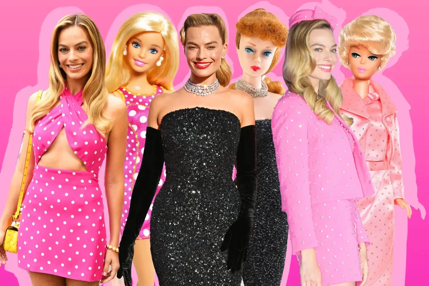 Barbie movie red carpet with cast in pink outfits, surrounded by brand-themed activations and product tie-ins. 