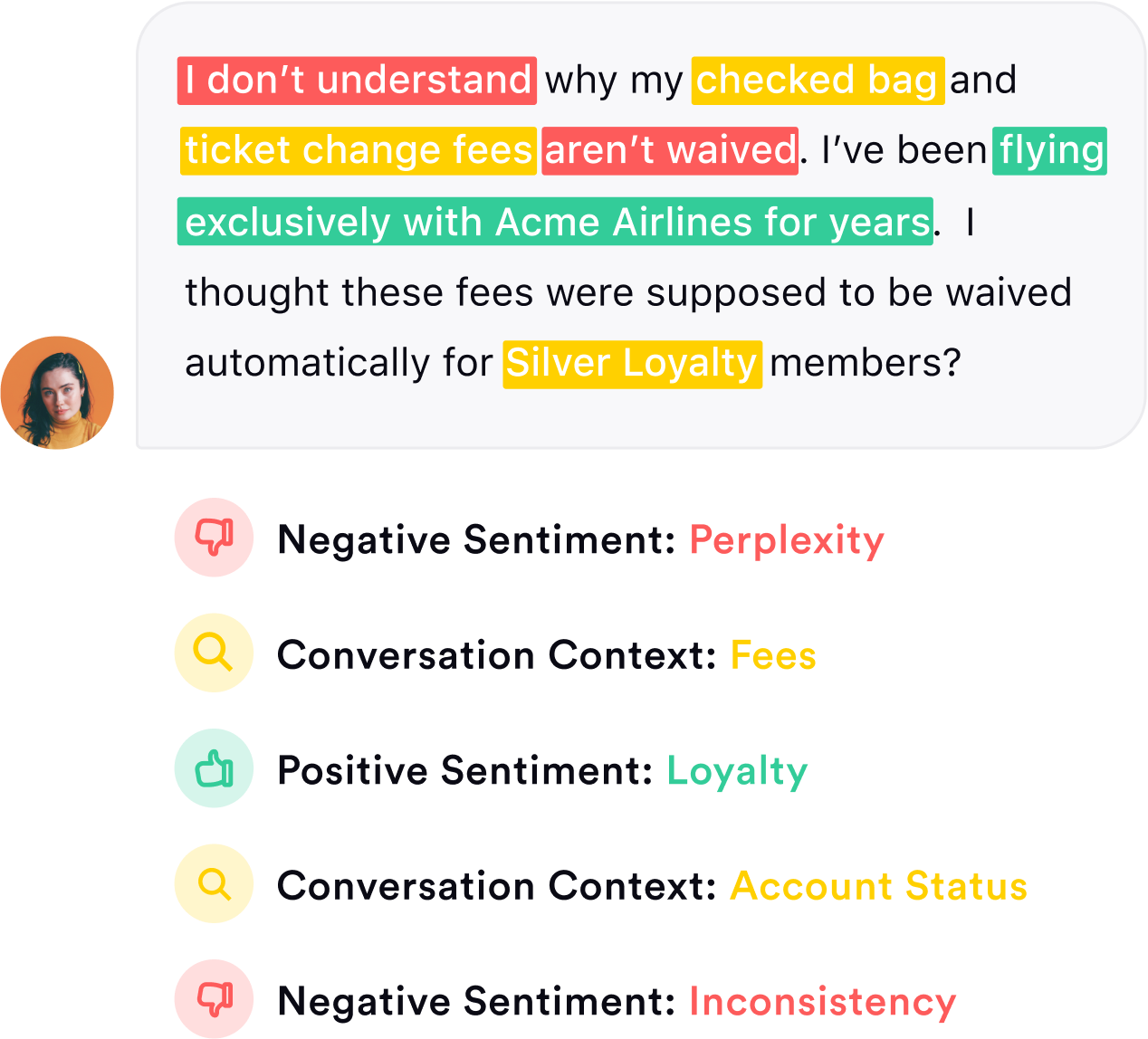 Screenshot detecting a customer's sentiment towards Acme Airlines based on their conversation