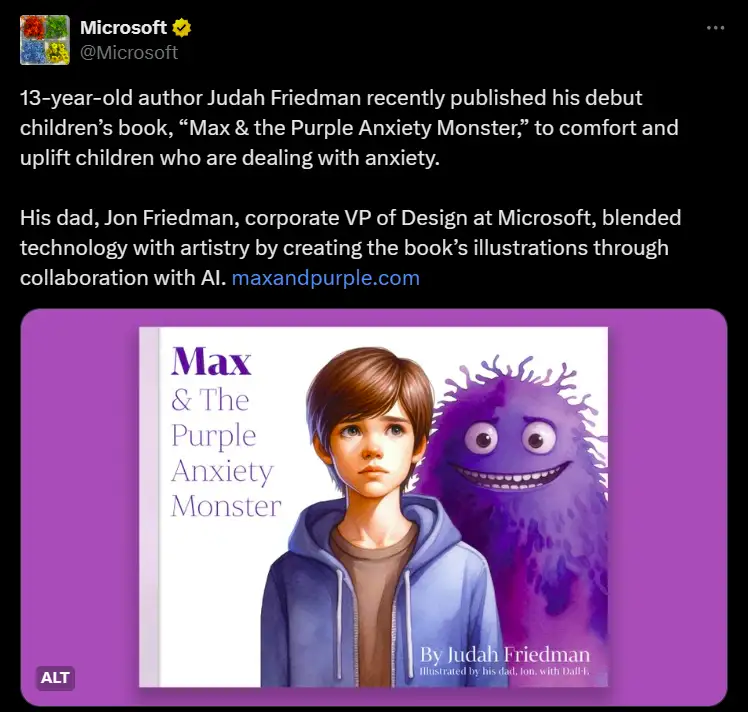 Microsoft posting about a children-s book that features illustrations made by AI