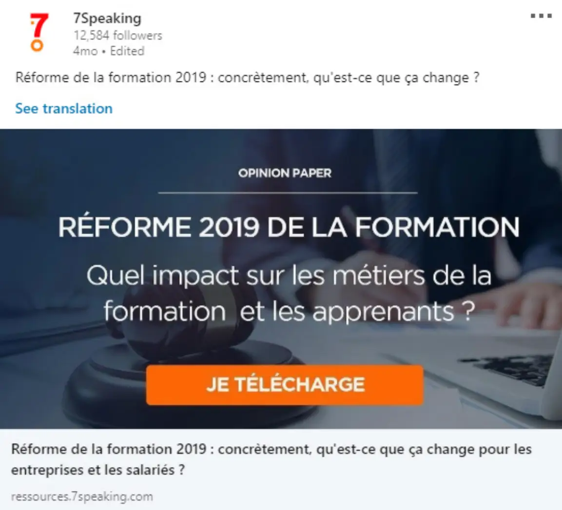 Landing page and Sponsored Content example from 7Speaking’s LinkedIn lead generation campaign