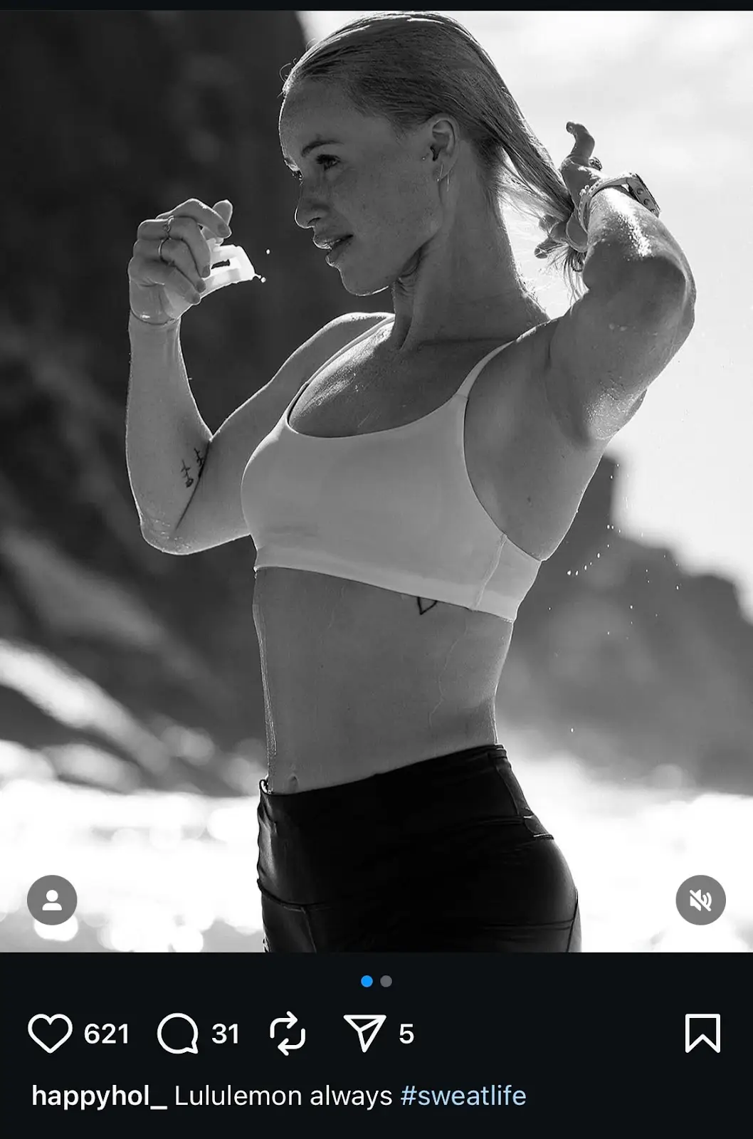 Screenshot of an Instagram post made by an influencer featuring Lulumelon’s #sweatlife campaign. 