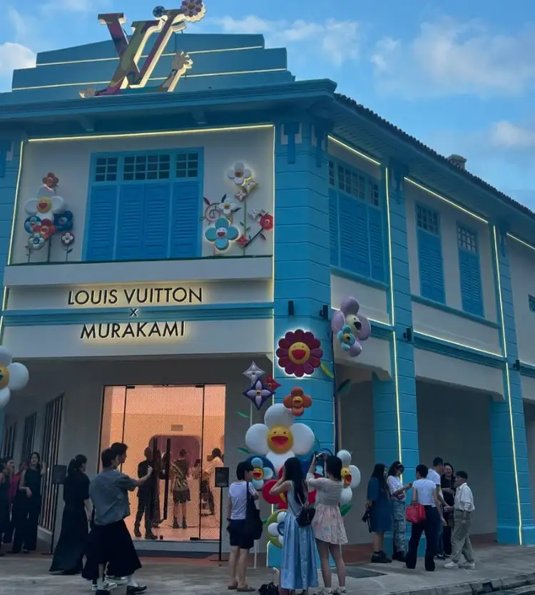 Instagram image showing a temporary Louis Vuitton store or display featuring the Takashi Murakami collaboration in an unspecified Southeast Asian location. 