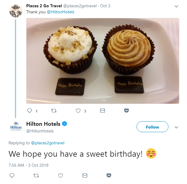 Hilton Hotels promptly responding to a customer who-s thanking the company
